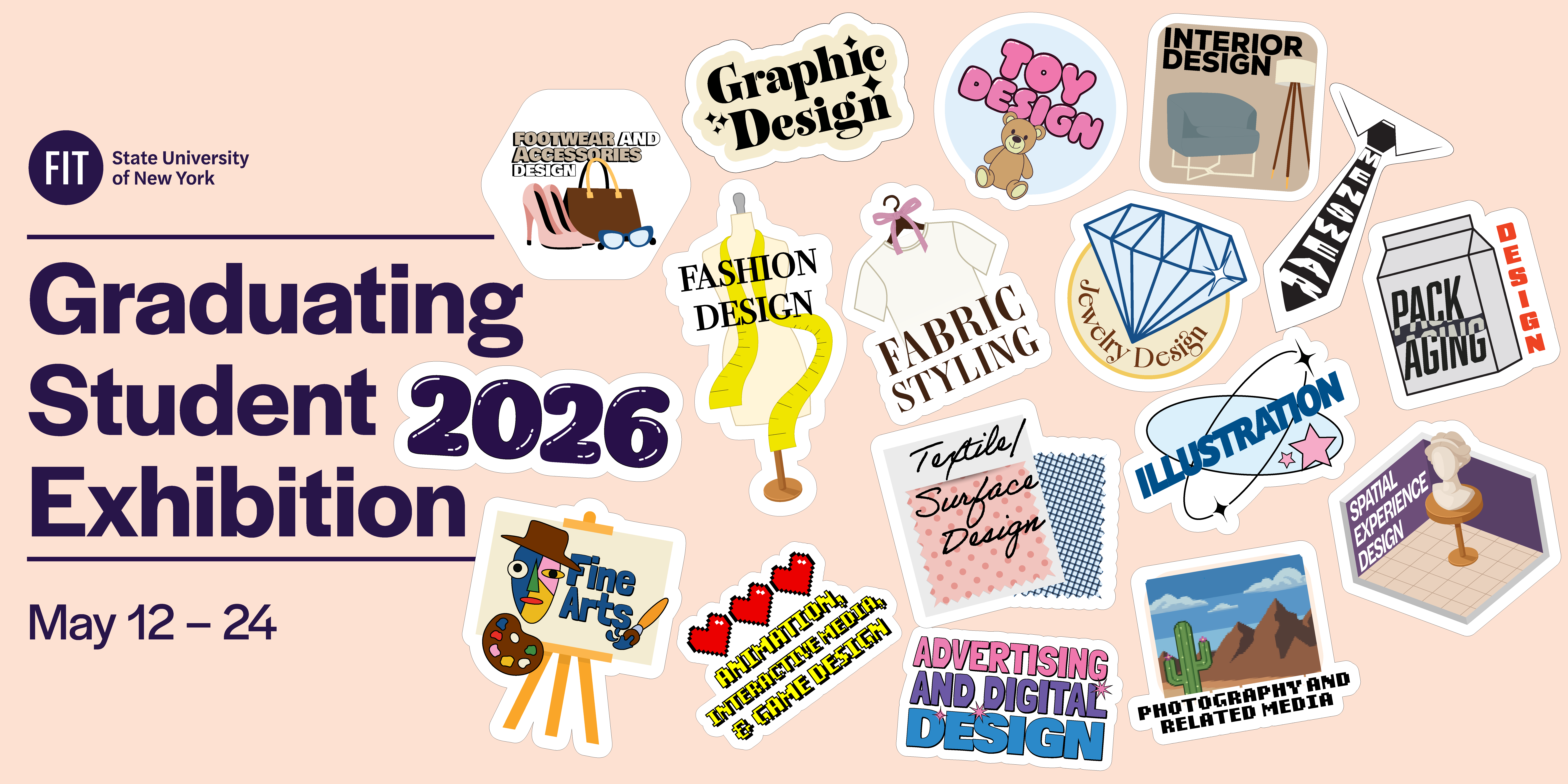 Web banner for Graduating Student Exhibitions, with stickers representing majors of students