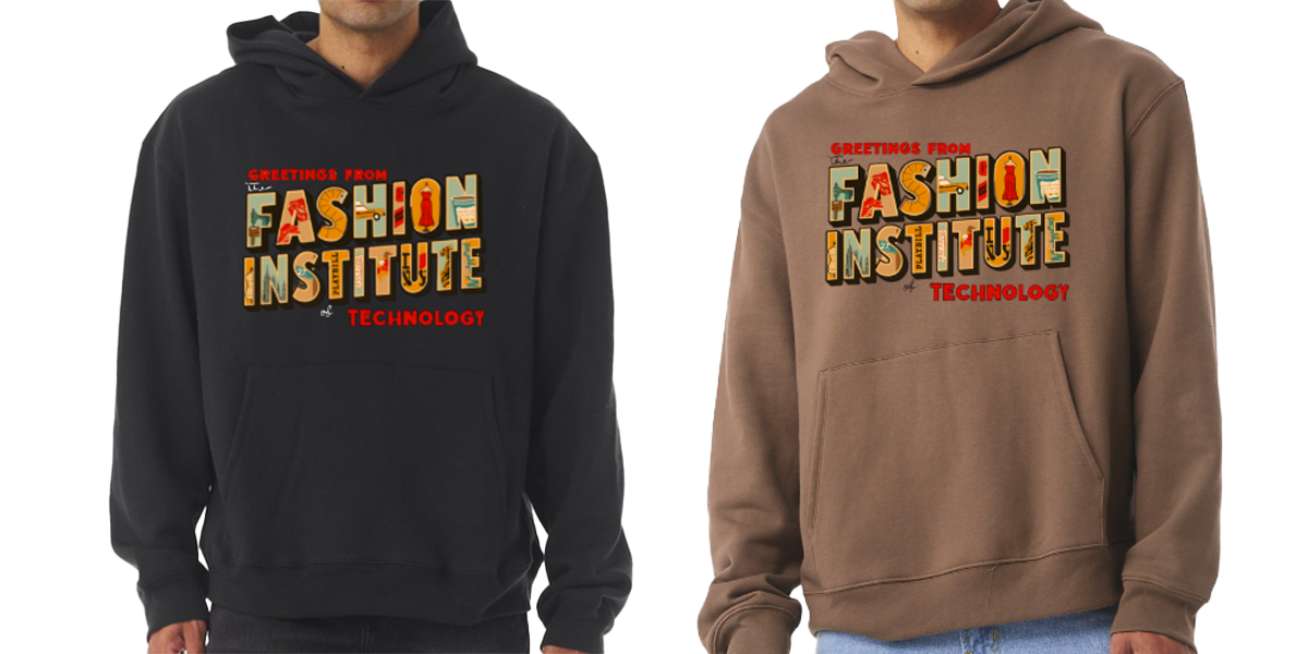 Photo of male model wearing a hoodie with postcard style graphics.