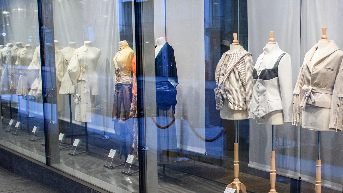 Student designs on display in the Joyce F. Brown academic building window