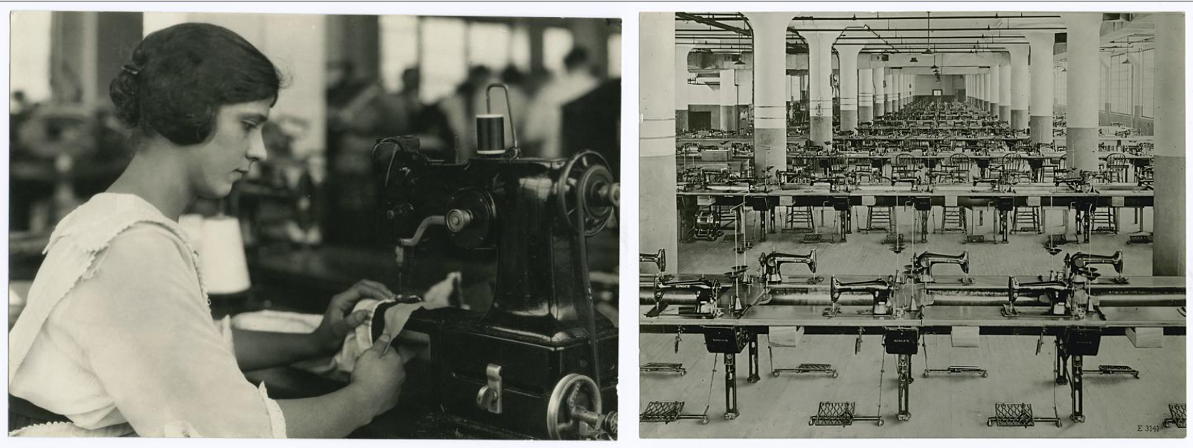 two photographs: women sewing and a room full of singer machines