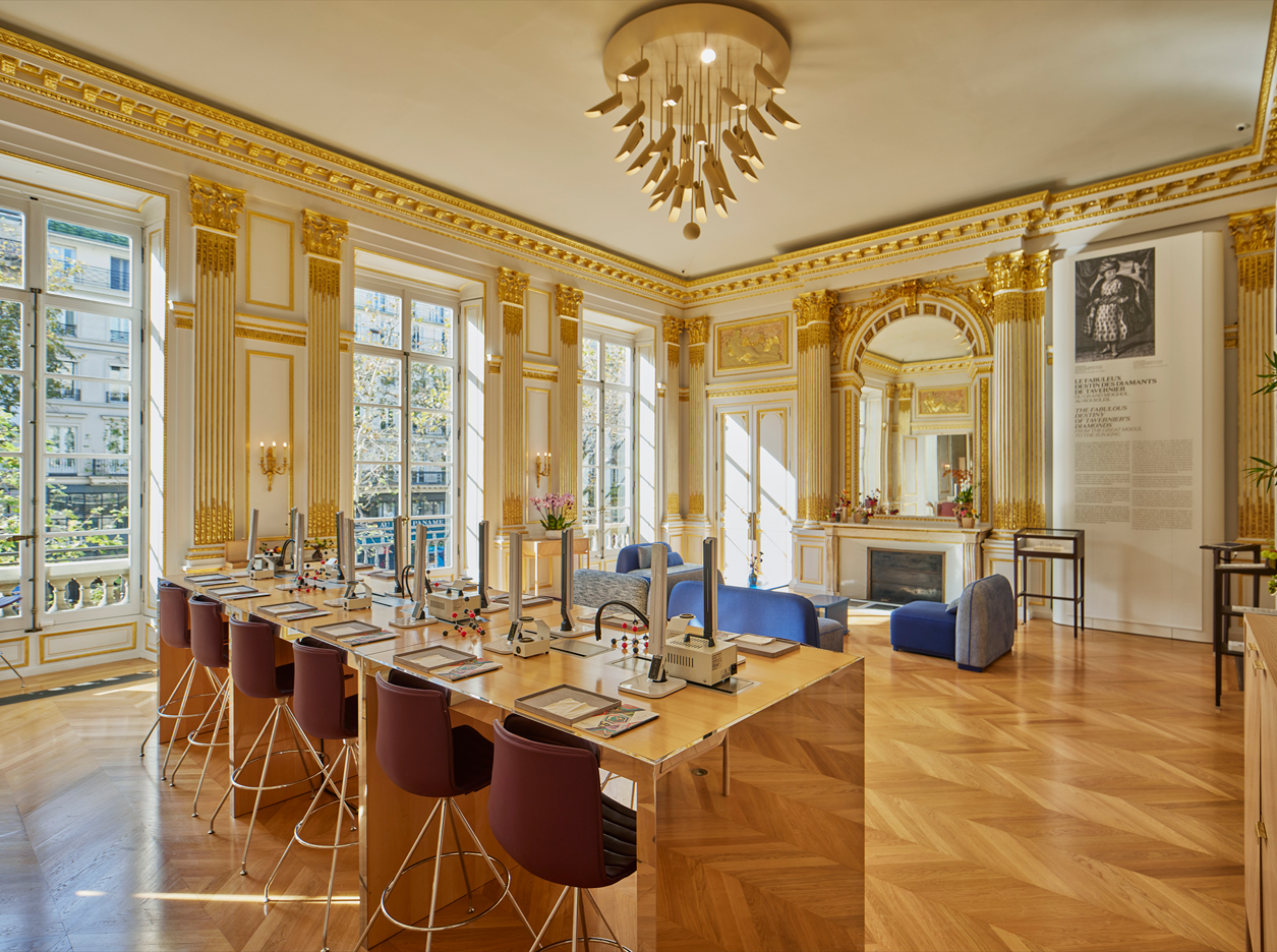 Wide angle shot of L&rsquo;&Eacute;COLE School of Jewelry Arts in Paris, with natural light streaming through into a grand french style parlor room.